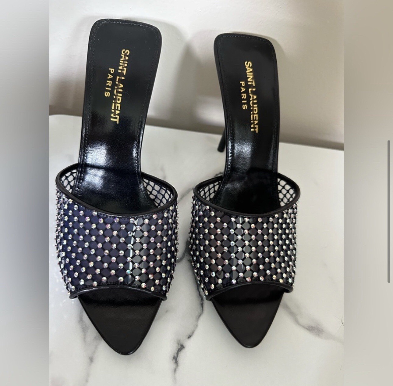 SAINT LAURENT Discoteca rete cristallina muli in PVC e pelle