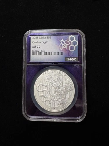 2025 1oz Silver Malta S5E Golden Eagle NGC Purple Core MS70