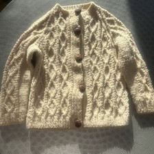 Beautiful Unisex Child  s Handmade Cable Knit Beige Cardigan-Measurements In Pics