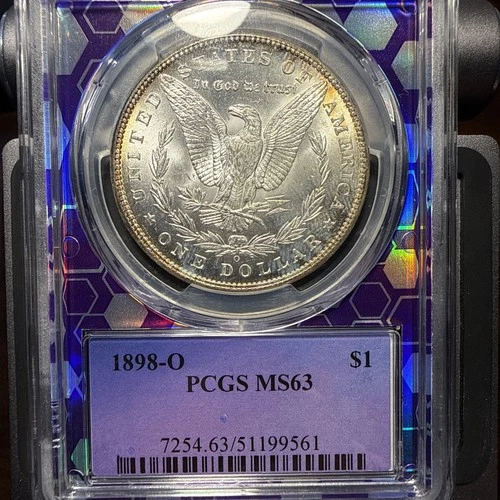 1898-O Morgan Silver Dollar – PCGS MS63 – Trader Bea Purple Core Holder - Toning