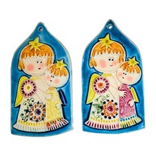 Targhe da parete vintage firmate Gensini Italia ceramica angelo Natale 1960 coppia Kauffman's A+