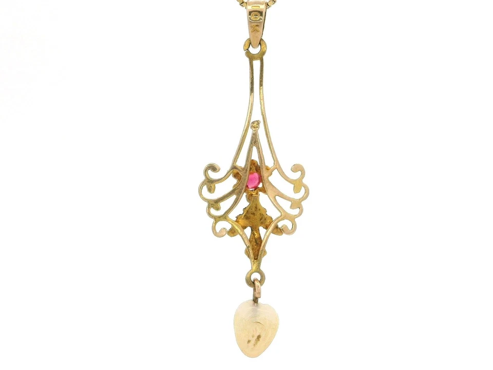 Antique Art Nouveau 10k Yellow Gold Ruby Baroque Pearl Lavalier Pendant Necklace - Image 4 of 4