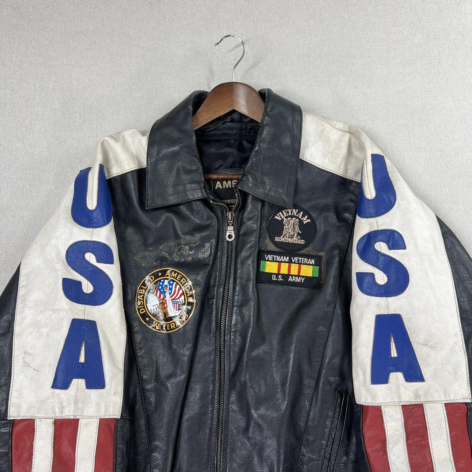 VTG Vietnam Veteran Leather Jacket Mens 4XL USA Flag MACV-SOG Patch American Top image 8