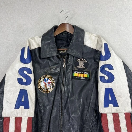 VTG Vietnam Veteran Leather Jacket Mens 4XL USA Flag MACV-SOG Patch American Top image 8