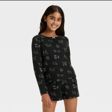 Girls' 2pc Long Sleeve Waffle Knit Pajama Set Cat  Jack White/Black Small 6/7