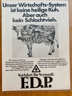 1972 FDP Wirtschafts-System keine heilige Kuh Wahl Vintage Ad Werbung Reklame