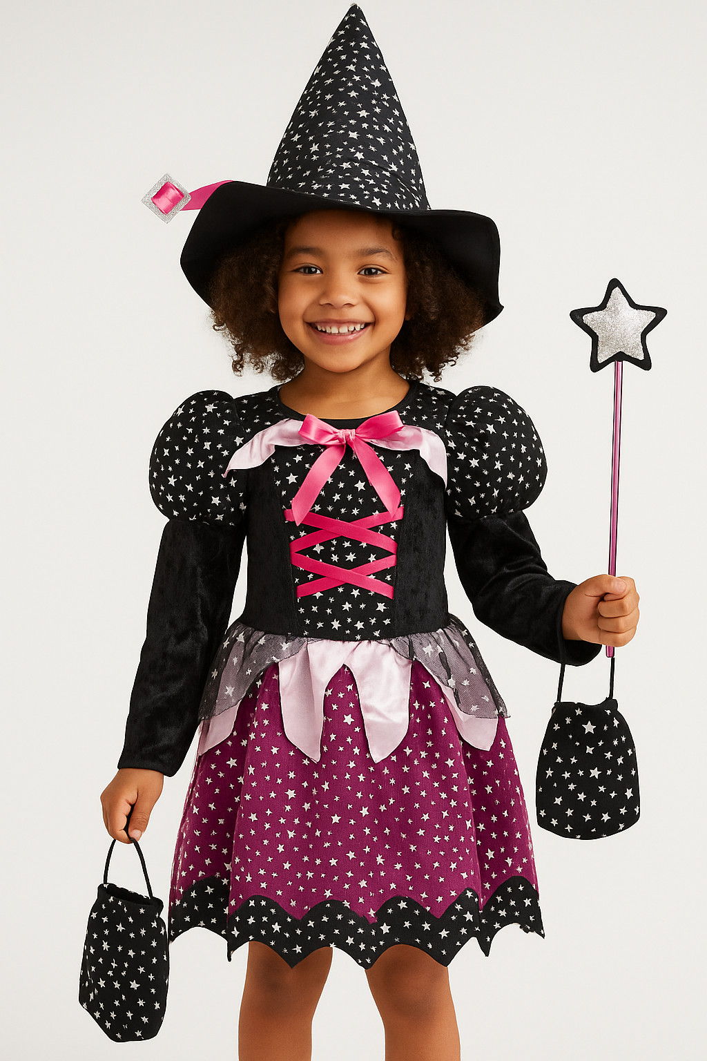 Girls Witch Costume Halloween Fancy Dress Set 140cm – Dress, Hat, Wand & Bag