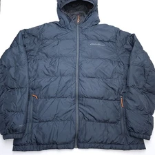 Eddie Bauer Puffer Jacket Mens Size XL EB650 Blue Hood Down Fill 