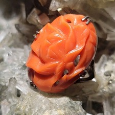 Antique Victorian Momo Coral Carving In Sterling Silver Ring