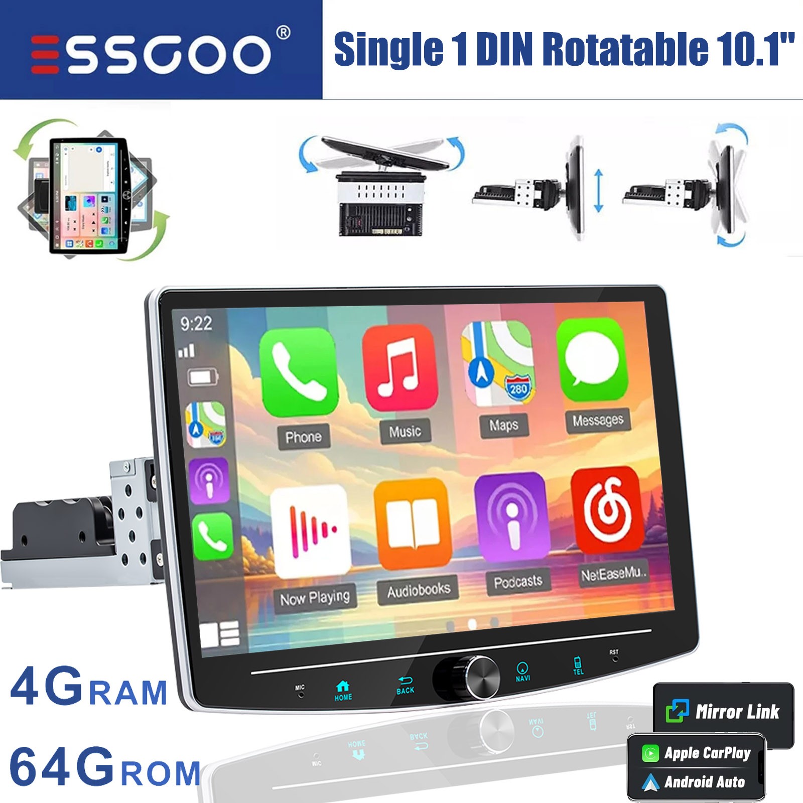 10.1" Android 15 4+64GB Carplay Rotatable Car Stereo Radio 1Din GPS Navi SWC+CAM