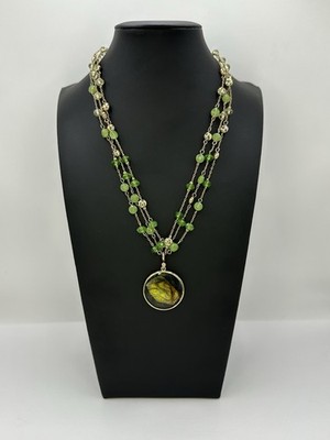 Vintage Style 90s Beaded Pendant Necklace Green Beads Adj Costume Necklace