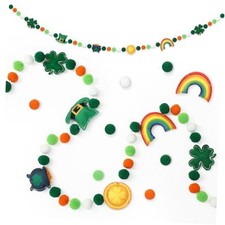 St. Patrick' s Day Felt Garland Green Orange White Pom Ball Banner Shamrock