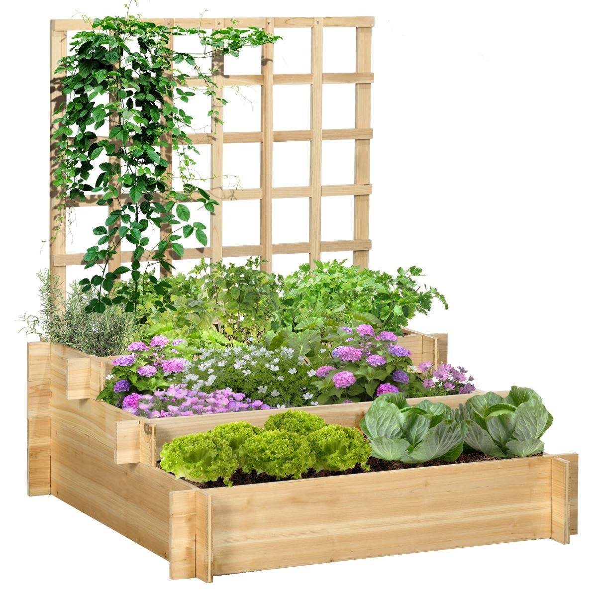 Rackhams 3 Tier Garden Planters With Trellis For Vine Climbing, Wooden Raised Beds, 95X95x110cm, Natural Tone - Natural Wood - Image 8