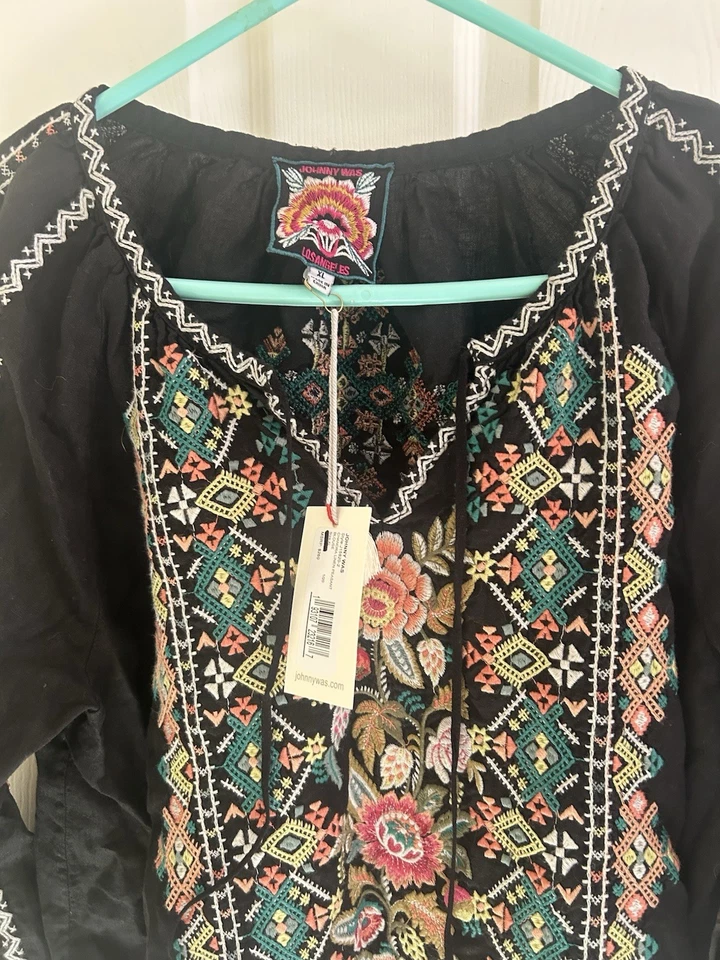 Beautiful Boho Johnny Was Black Linen Embroidered Blouse  XL Gotta Love it! - Image 3 of 4