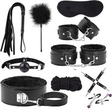 Premium 10PC BDSM Bondage Kit Adult Restraints Set Soft PU Leather Cosplay Black