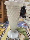 Vintage White Hobnail Milk Glass Footed Trumpet 6 1/4" Tall Crimped Vase