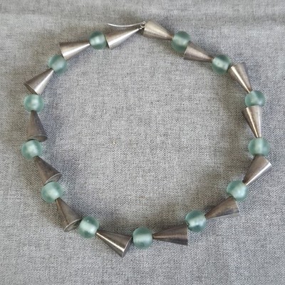 Agnes Seebass Sterling 925 Aqua Glass Silver Cones Necklace Signed Modernist 