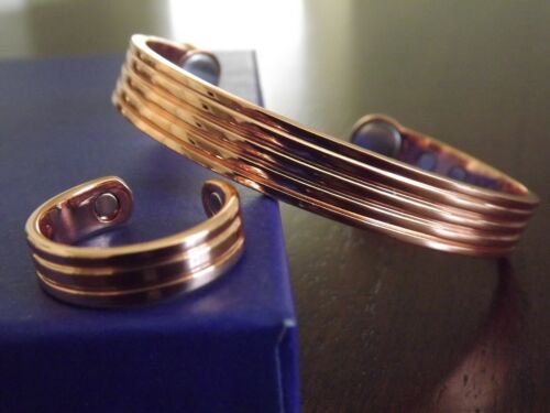 Pure Copper Magnetic Bracelet Arthritis Pain Therapy Adjustable Cuff & Ring Set - Picture 1 of 15