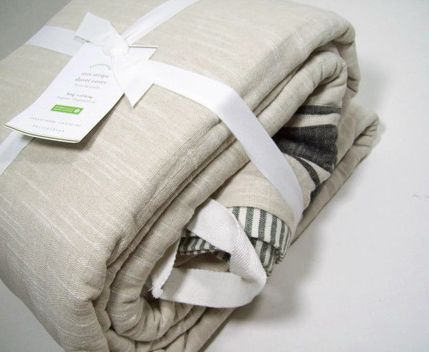 Pottery Barn Pale Khaki Black Stripe Otis Stripe King Cal King Duvet