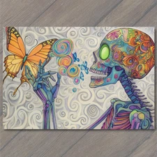 Art Print Psychedelic Skeleton Blowing Butterflies Colorful Swirls Bright Art