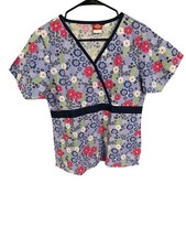 Dickies Cotton V Neck Scrub Top Small Purple Pink Flowers Medical Vet Uniform