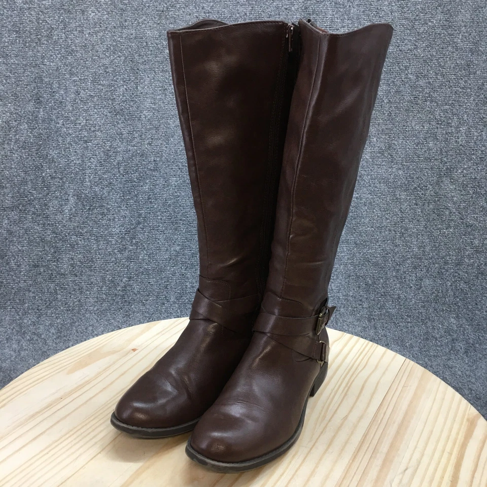 Style And Co Boots Womens 9.5 M Marliee Wide Calf Zip Riding Brown Faux Leather - Image 3 of 4