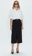 Vintage 1980s EXPRESS Button Pencil Skirt MED Black High Waist Belted Prairie