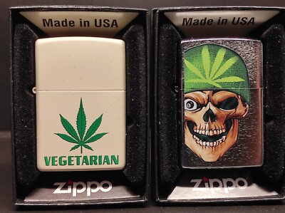 Zippo 2er Set Hanfblatt/Weed:  Vegetarian + Beanie Skull