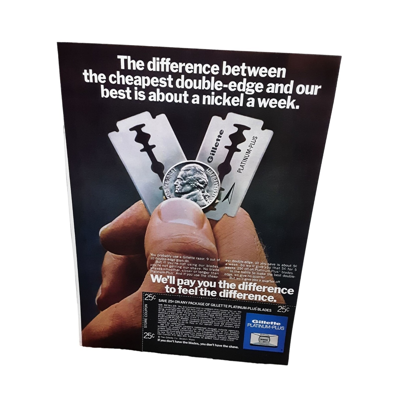1974 Gillette Platinum Plus Razor Blades Shaving Vintage Print Ad 70s