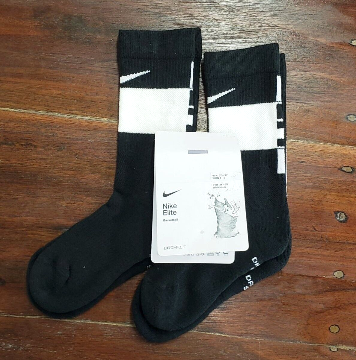 Nike Black Elite Basketball Crew Socks Cushioned Small 2 Pack Youth 3-5 NWOT
