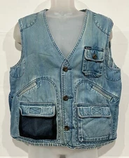 Vtg Woolrich Denim Plaid Lined Vest Fishing Hunting Size M Distressed *Flaw READ