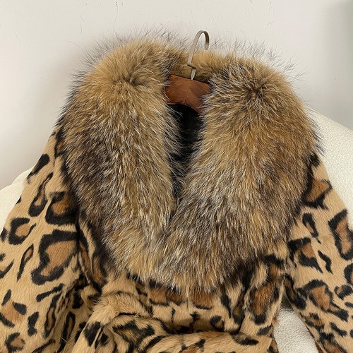 Chaqueta de piel de conejo real estampada de leopardo para mujer abrigos con cinturón cuello de piel de zorro trinchera - Imagen 15 de 23