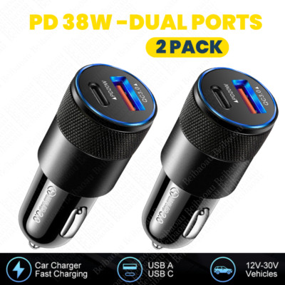 2Pack 2-Port PD Type USB-C+QC 3.0 Car Adapter 38W Fast Charger Cigarette Lighter