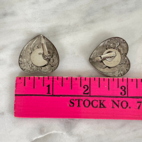 Orecchini Vintage ART NOUVEAU LADY FACE CUORE Peltro Argento Clip On Ispirazione Antica - Foto 4 di 11