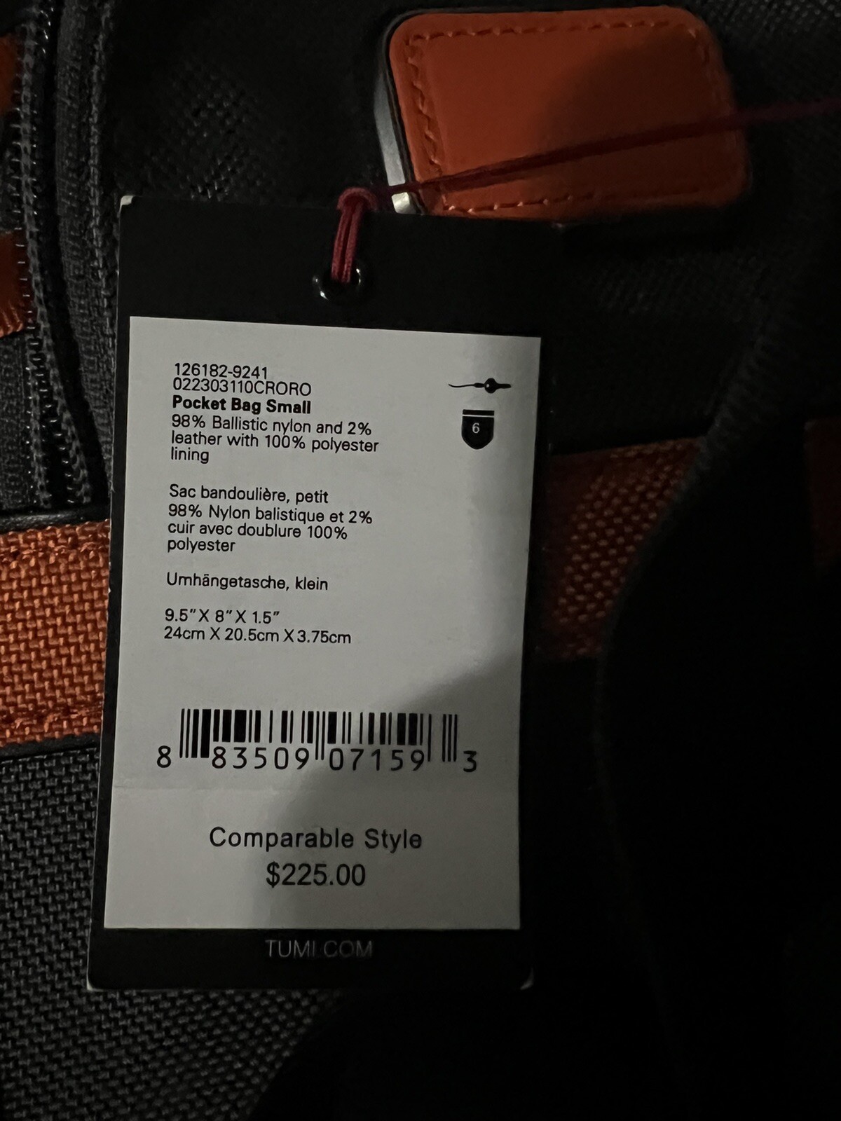 TUMI Gen 4.3 Core Pocket Bag Small 22303110 Grey & Orange $225