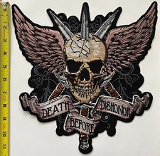 2 Big Embroidered Iron on patch Motorcycle Skull Death Before Dishonor AP021dBd