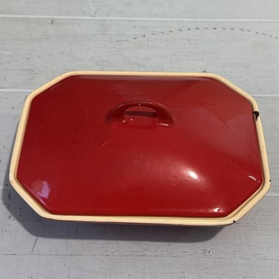 Griswold Cast Iron Red and Cream Enameled #69 Veggie Dish with Matching Lid #66