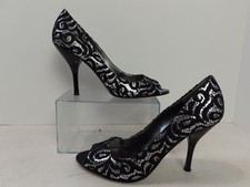 Nine West 4" Peep Toe Pumps Masqureder Silver w Black Lace Design Women Size 8M