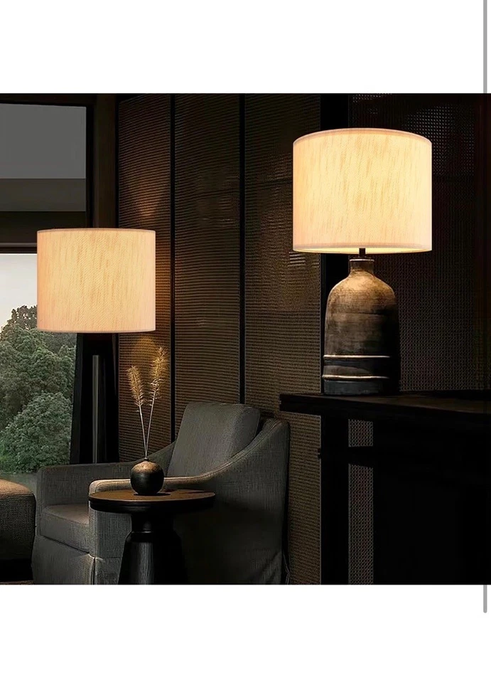 Juego de 2 pantallas de lámpara grandes con textura de lino nudo de bambú beige de 16” x 16” x 12” Foto 2 de 4