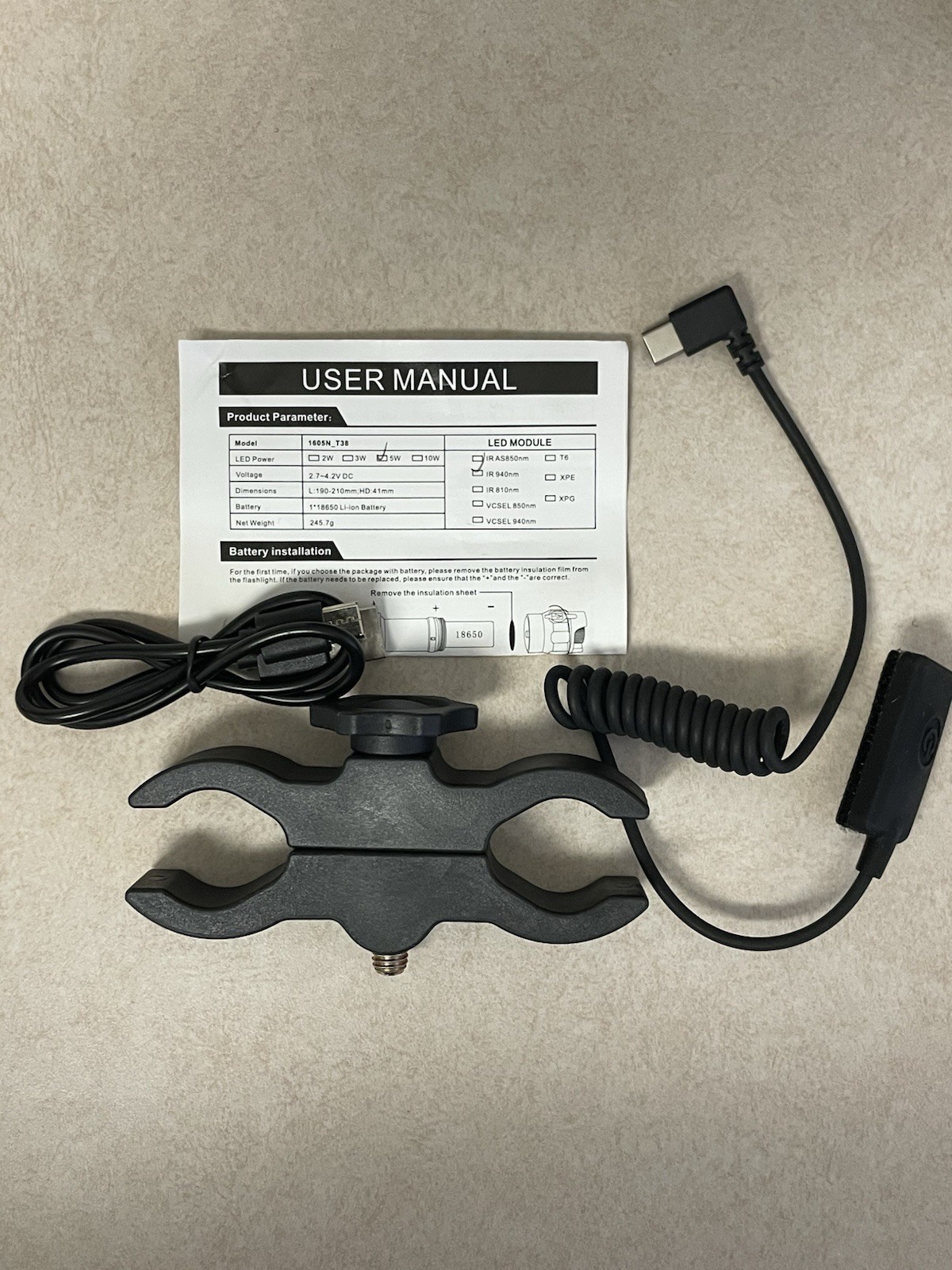 Upgrade 1605n T38 IR 940nm Illuminator Led Infrared USB Rechargeable Flashlight