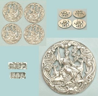 Set of 4 Ornate Sterling Silver Buttons Roman Goddess Diana Hallmarked 1902