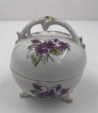 Vintage Porcelain 3 Legged Handled Trinket Box Dish Floral Hand Painted