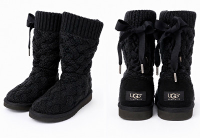 UGG Australia Girls Black Cable Knit Mid-Calf Boots Logo Bow Size 6