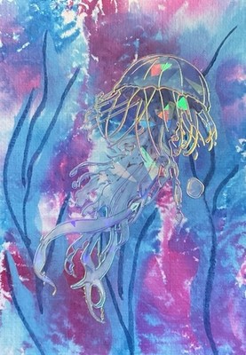 ACEO  Original Jellyfish Sea Life Mixed Media ATC By Creative Siren 3.5x2.5