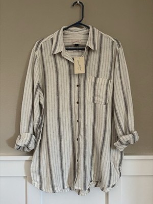 Universal Threads Size Small Linen Blend Button Up Grey And White Striped Shirt