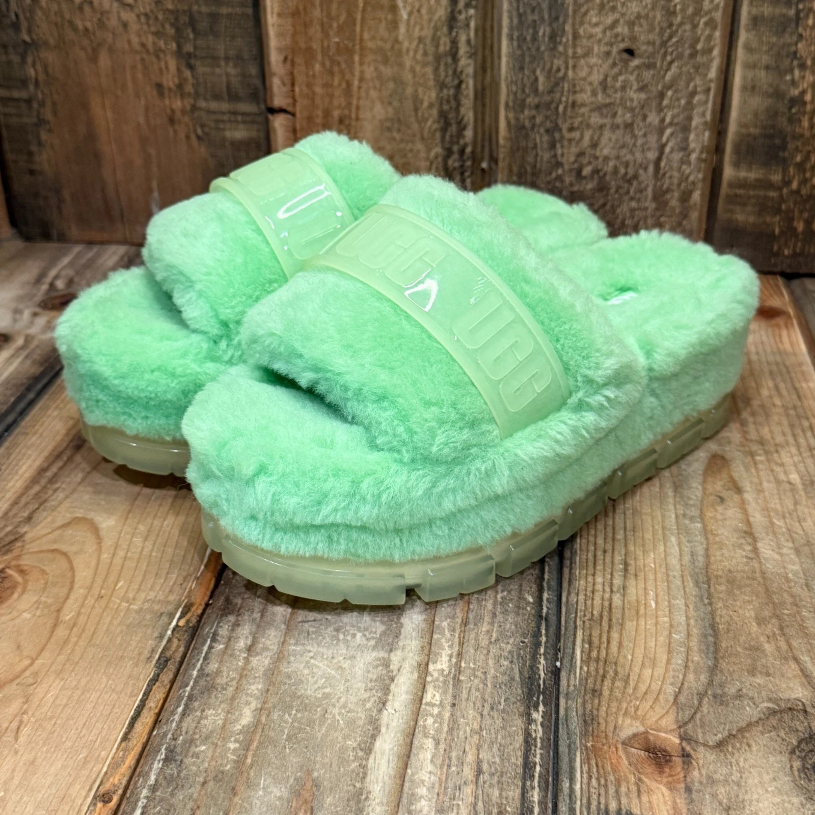 UGG FLUFFITA SANDALO SLIDE PLATFORM TRASPARENTE DONNA US 7 VERDE PARROCCHETTO