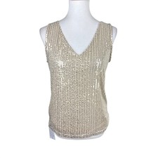 Women's M Gold Sequins V Neck Sleeveless Tank Top Glam Party Evening