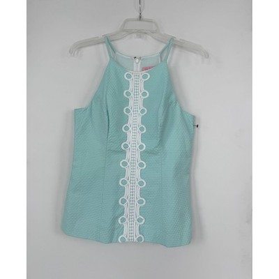 Lilly Pulitzer Annabelle Seersucker Halter Top Aqua Blue Lace Crochet Trim Sz 4