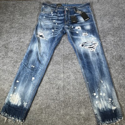 Dsquared2 Deep See Blue Distressed Painted 5 Pockets Coll Guy Jeans Size 54 New