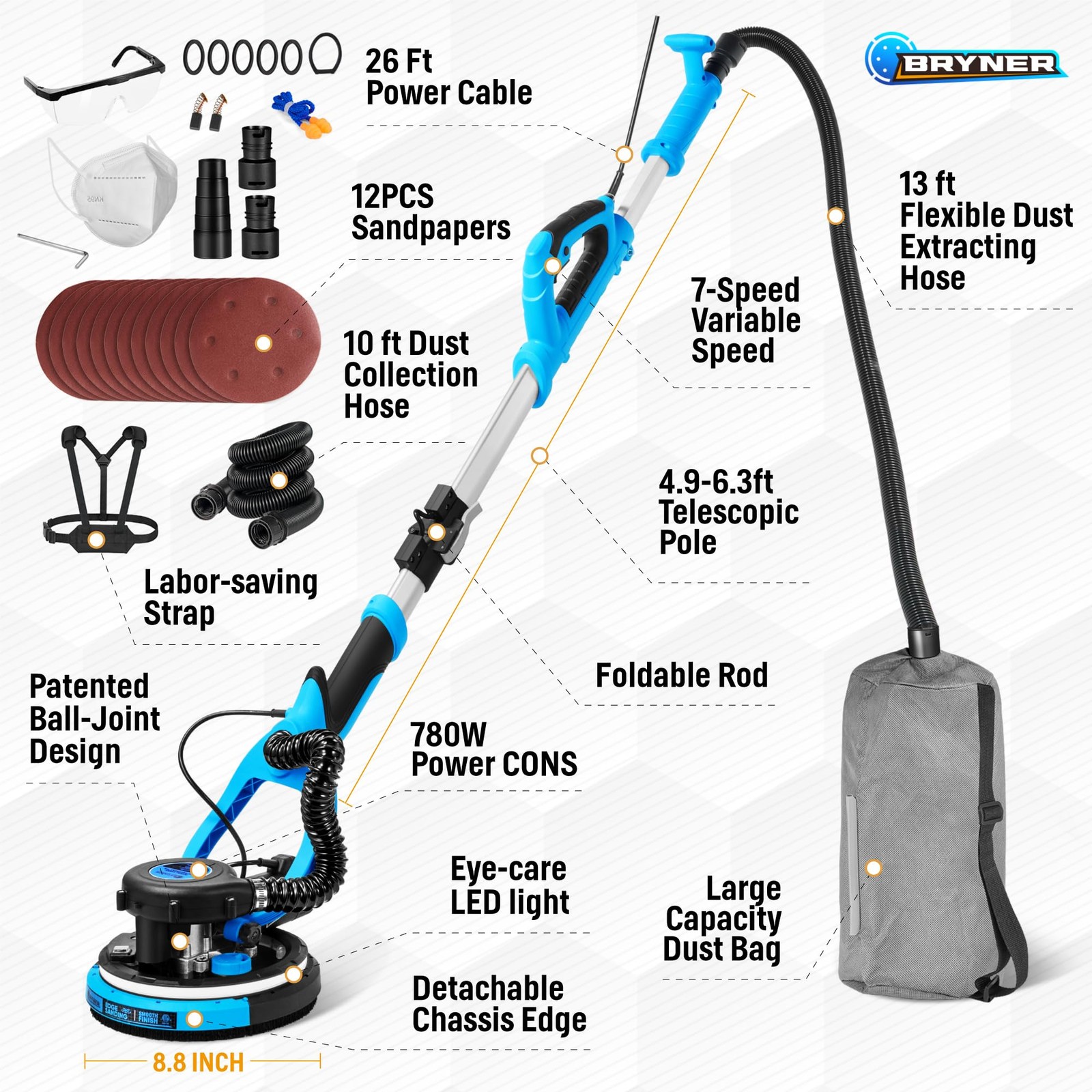 Drywall Sander, 𝟐𝟎𝟐𝟓 𝐔𝐩𝐠𝐫𝐚𝐝𝐞𝐝 Electric Drywall Sander with Vacuum...
